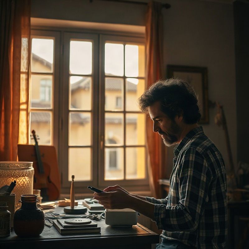 Creador trabajando en su estudio doméstico en Salto con luz dorada de una ventana grande