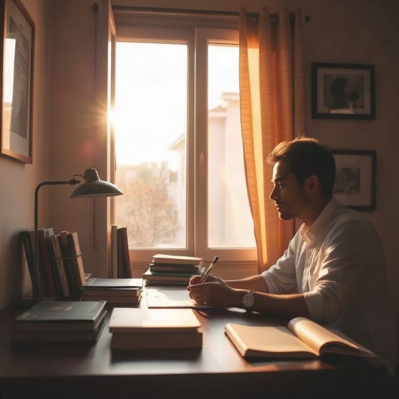 Escritor trabajando en un escritorio junto a una ventana con luz dorada del atardecer