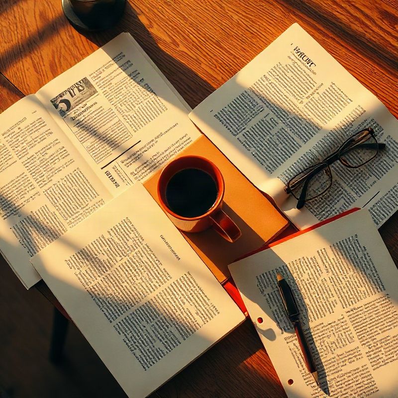 Escritorio de madera con artículos impresos, cuadernos y una taza de café bajo luz dorada