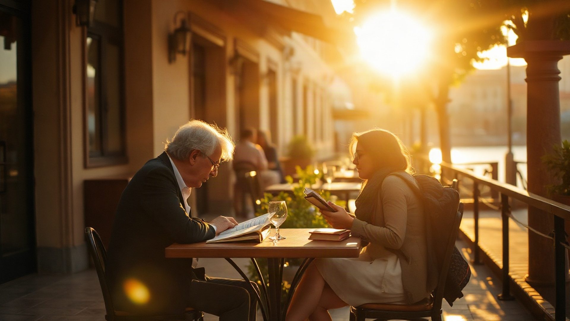 Dos personas leyendo y conversando en una mesa iluminada por la luz dorada del atardecer en Salto